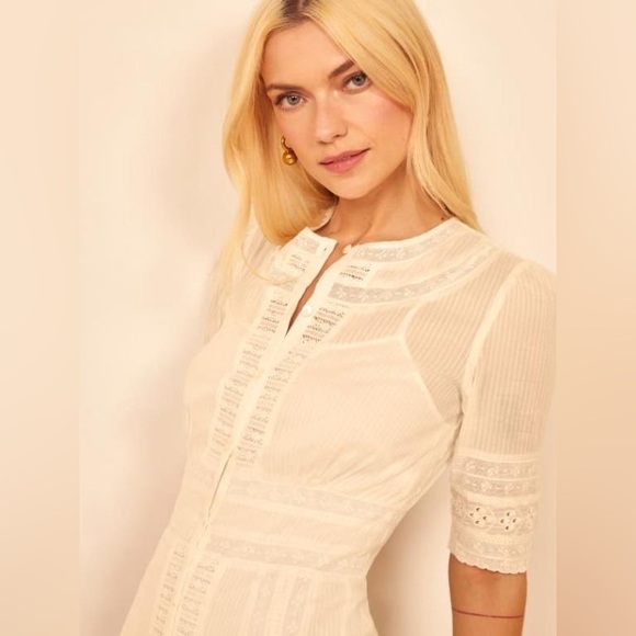 Reformation Oxford Sheer Lace Short Sleeve Button Front Maxi Dress in White - Picture 5 of 15